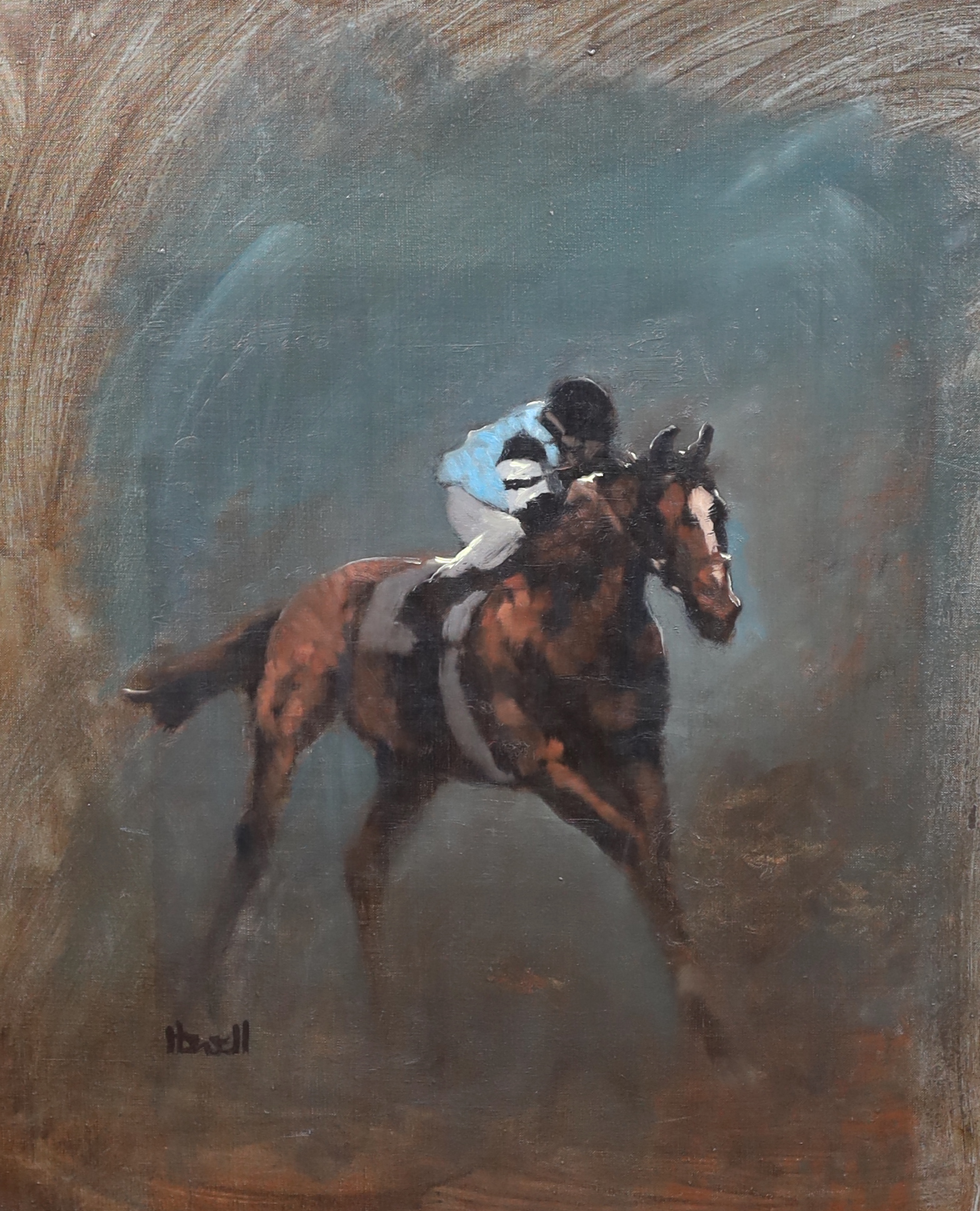Peter Howell (British b.1932), oil on canvas, Racehorse with jockey up, signed, 60 x 50cm